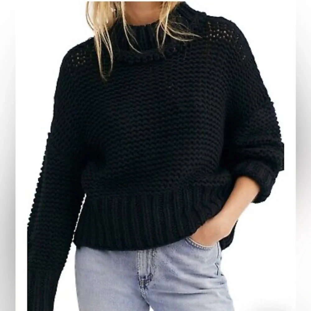 Free People Black Loose Knit High Neck Cotton Blend Sweater - size S